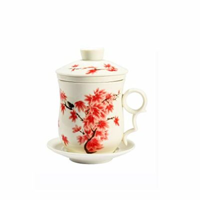 ufengke Red Leaf Painting Chinese Tea Cup,Jingdezhen Ceramics Tea Cup, With Infuser Filte,Lid, And Saucer, For Gift And Home,300ml