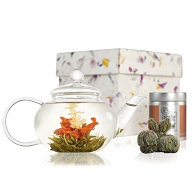 The Exotic Teapot - Classic Flowering Tea Gift Set, Glass Teapot with Infuser (600ml), Sampler Tin of 5 Blooming Teas, Handmade Gift Box